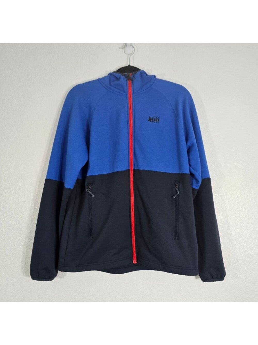 REI Co-op Hooded Jacket Men Medium Blue Fleece Full Zip Outdoor Hiking Camping